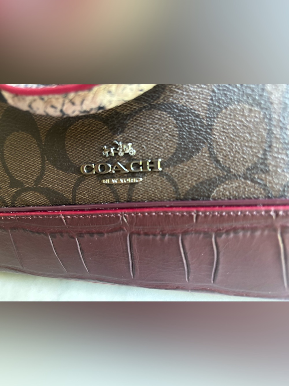 NWT Coach Sierra Burgundy and Brown Signature Dome Satchel with Mixed ExoticTrim - Picture 13 of 16
